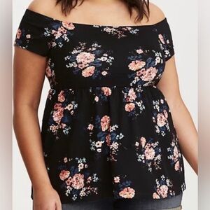 Torrid Floral Off Shoulder Babydoll Boho Romantic Retro Cottagecore Scoop Neck